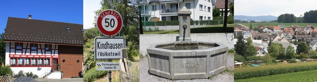 Kindhausen: Fachwerkhaus, Ortsschild, Brunnen und Blick über das Dorf